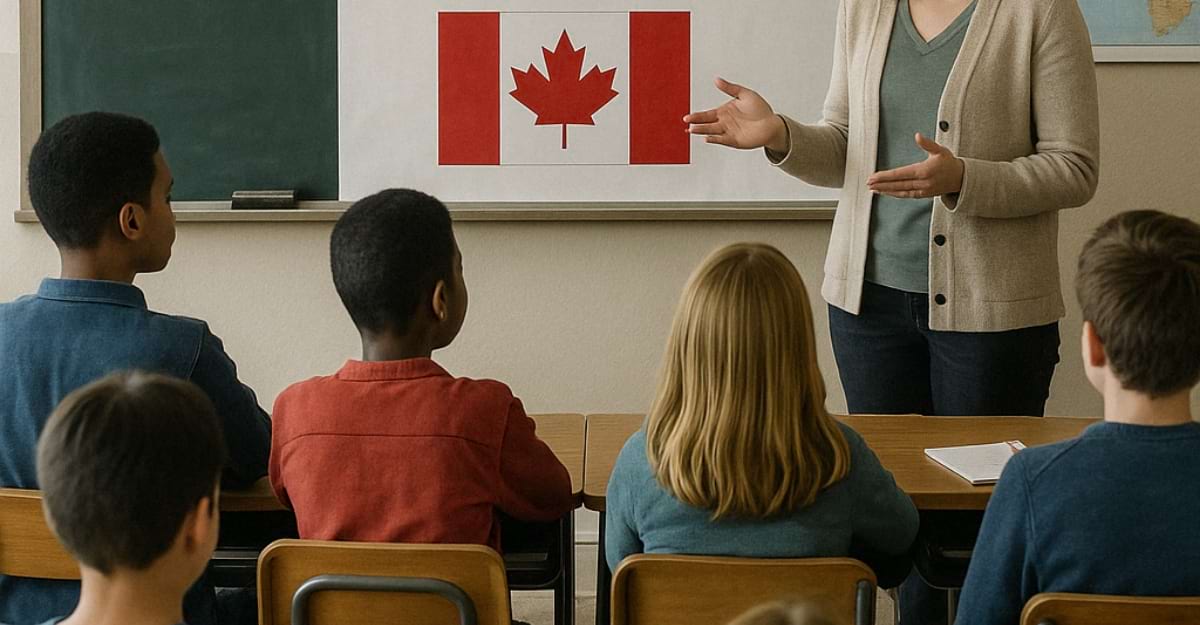 Children learning in a classroom with a Canada flag on the wall